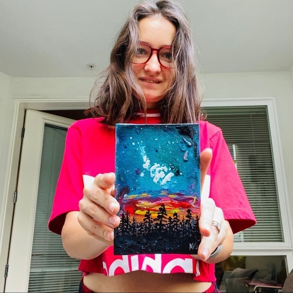 Northern Lights Painting Pine Tree Original Art Canvas Painting 6x4 Fluid Artwor - Picture 5 of 10